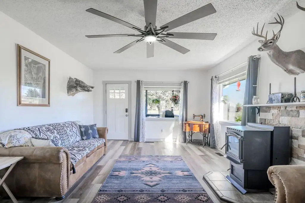 Living room with ceiling fan, wood stove and patterned rug